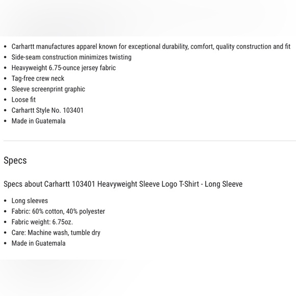 NWT- Carhartt 100% Cotton Loose Fit Heavyweight Long Sleeve Logo T - Picture 3 of 7